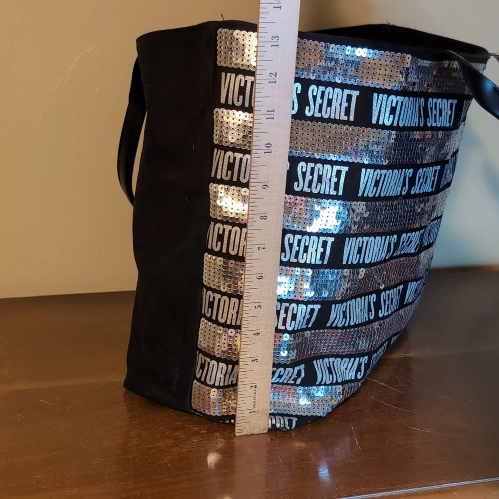 Victoria's Secret Sequin Black & Silver Classic Logo Travel Tote Zipper Top - Picture 7 of 11